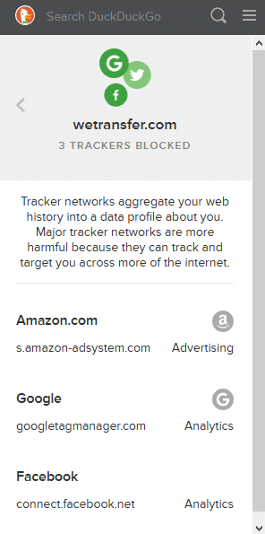 WeTransfer su DuckDuckGo Privacy Browser